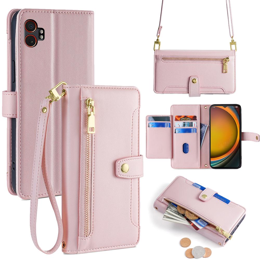 For Samsung Galaxy XCover7 Pro Leather Case Zipper Pocket Wallet Phone Cover with 2 Straps