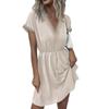 Women V Neck Lace Trim Waist Drawstring Short Sleeve Casual Dress Lightweight Summer Sundress