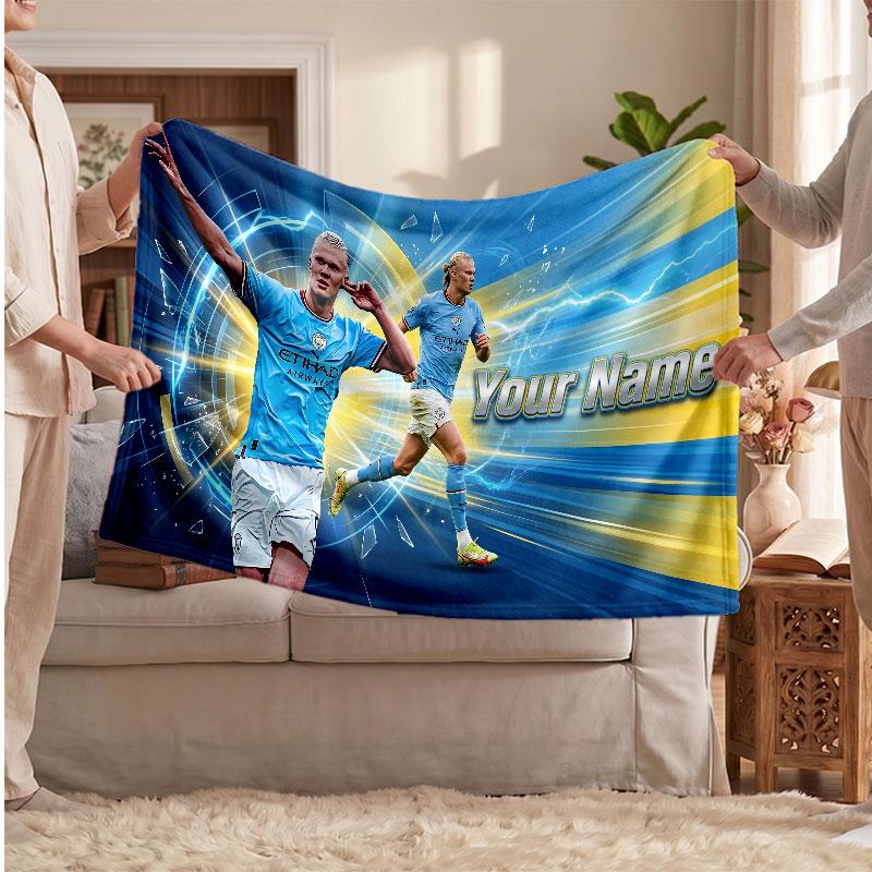 Erling Haaland Personalized Fleece Blanket With Football Logo, Custom Name Text Soft Warm Home Throw Blanket