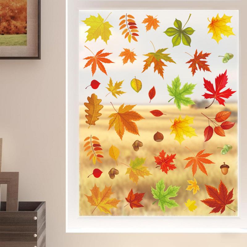 Autumn Deciduous Maple Leaf Window Stickers Thanksgiving Stickers Autumn Party Home Decoration Glass Doors And Windows Stickers Self-Adhesive