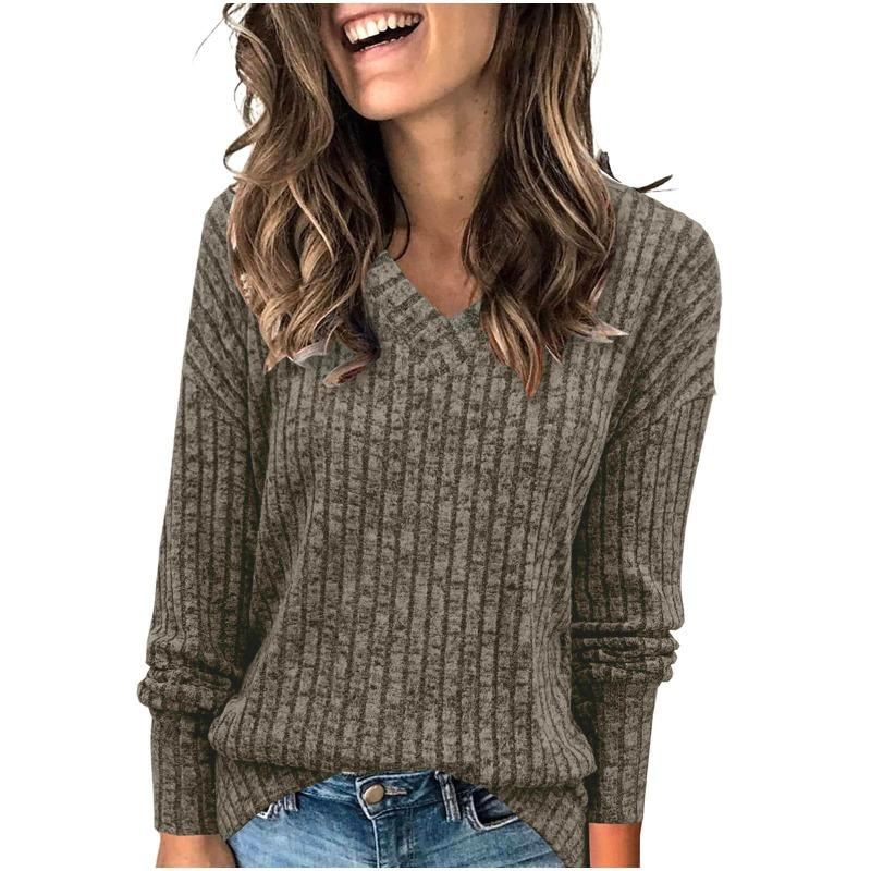 Women's Clothing European American Women's Long-sleeved Sweaters V-neck T-shirt Pitted Brushed Fashion Top Pullovers