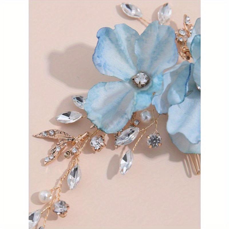 1pc Women's Ombre Silk Flower, Golden Metal Leaf & Rhinestone Decor Hair Comb, Energetic Countryside Bridal Headpiece Suitable for Daily, Party