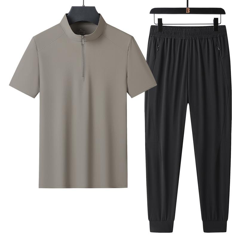 Half-zip Ice Silk Short-sleeved Suit Men s POLO Shirt Suit Men s Trousers Suit Casual Sportswear Two-piece Set 4XL хаки
