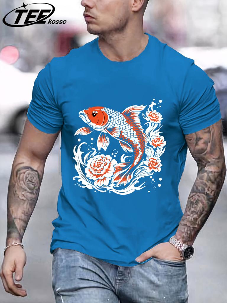 Japanese Harajuku Creative Lotus Koi Pattern TShirt Mens Summer Soft T Shirts Cotton Retro Sportswear Unisex Hip Hop Clothes