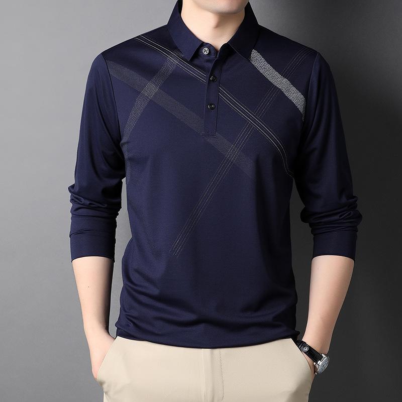 Spring New Long-sleeved T-shirt for Men with Mulberry Silk Stripes Casual Lapel Polo Shirt