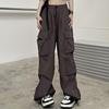 Women Cargo Pants Hip Hop Baggy Solid Color Multi Pockets Elastic Waist Match Top Loose Breathable Lady Trousers