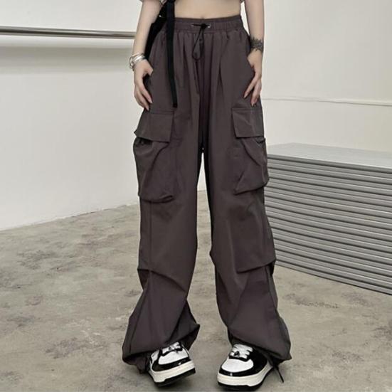 Women Cargo Pants Hip Hop Baggy Solid Color Multi Pockets Elastic Waist Match Top Loose Breathable Lady Trousers