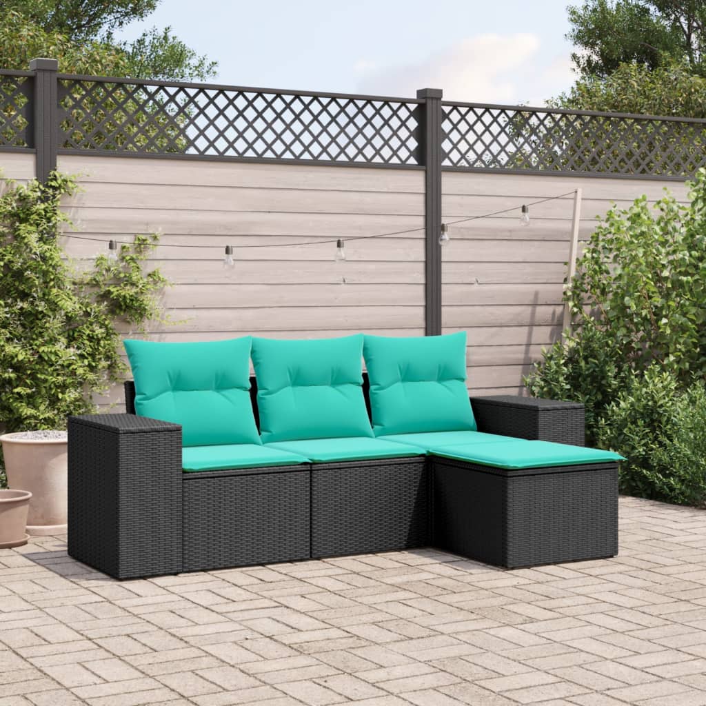 4 Piece Garden Sofa Set with Cushions Black Poly Rattan