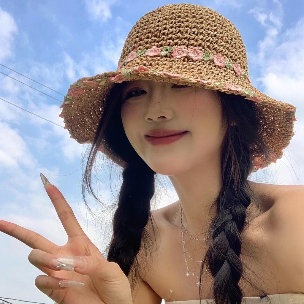 Pastoral style~ summer woven straw hat women's seaside vacation sunshade small flower sun straw hat foldable