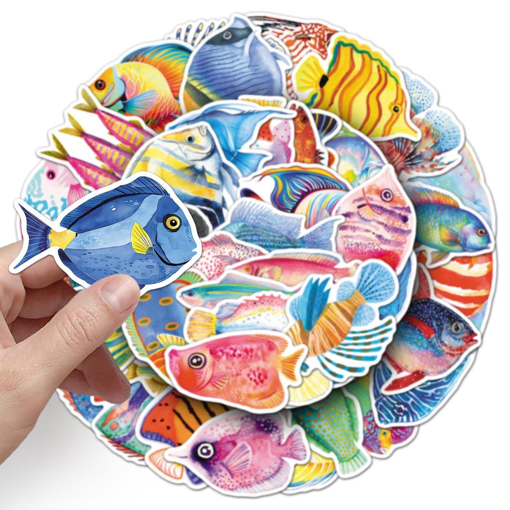 50pcs Ocean Series Fish Stickers: Waterproof Cartoon Animal Decals for Water Bottles and Storage Boxes