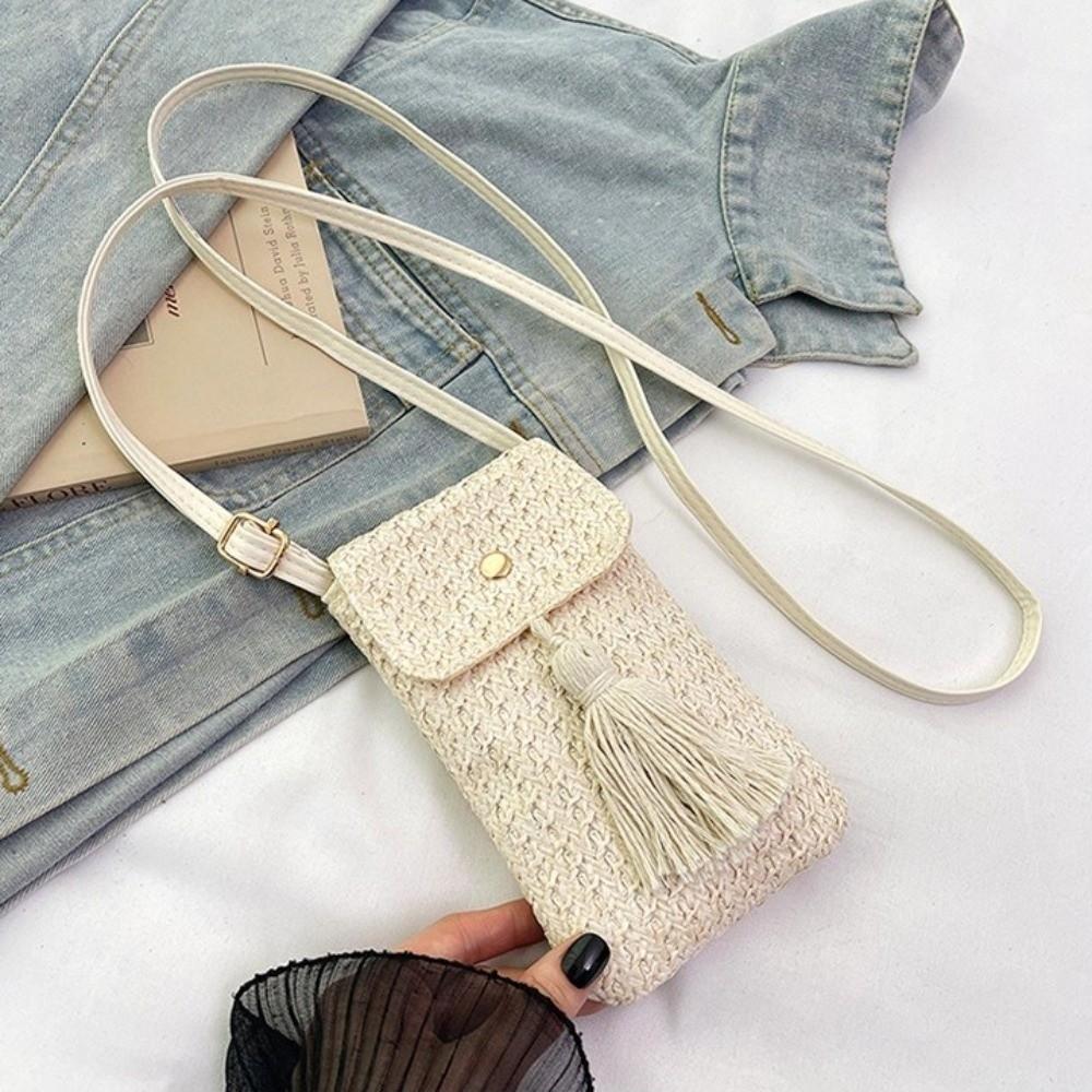 Weaving Woman Phone Pouch Long Tassel Crossbody Bucket Bag Fashion Woven Beach Bag  Summer