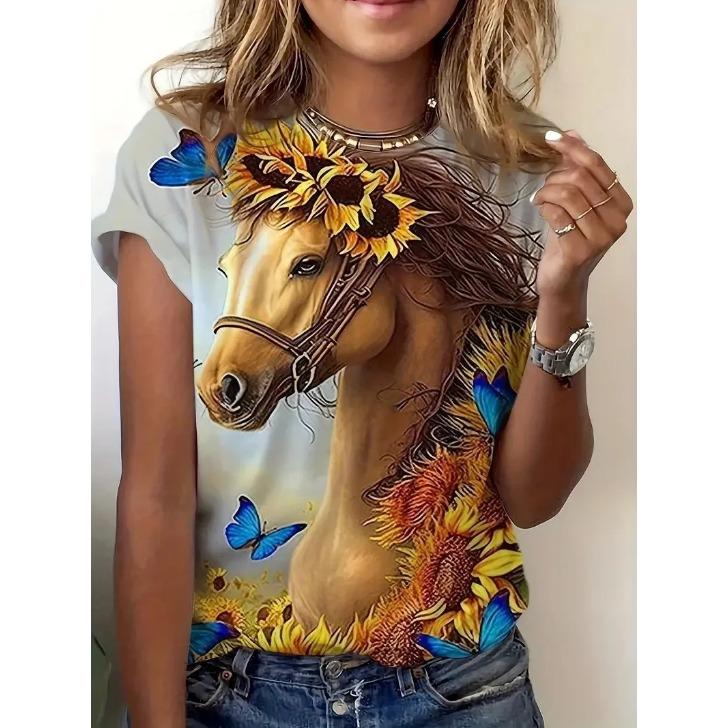 Round Neck Short Sleeved Animal T-shirt with Fish Tiger Horse Pattern 3D Printed Women's T-shirts