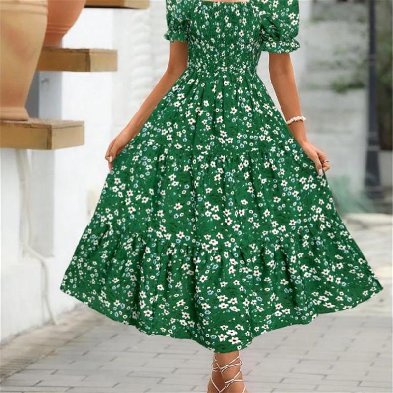 Women's Square Collar Waist Printed Dress S-XXXL