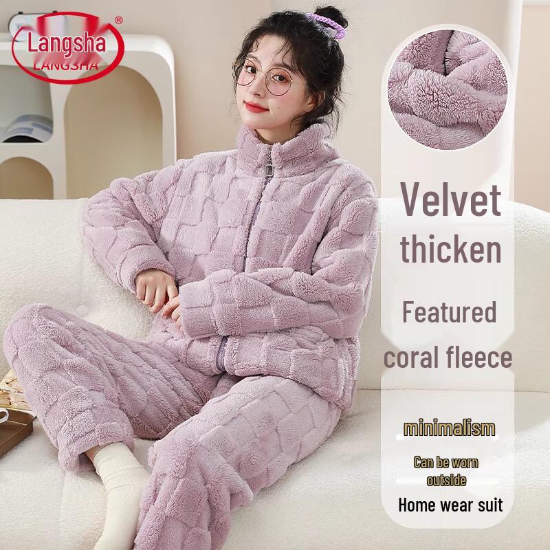 Langsha Women s Autumn/Winter Thick Coral Fleece Zipper Stand-Collar Loungewear Set L