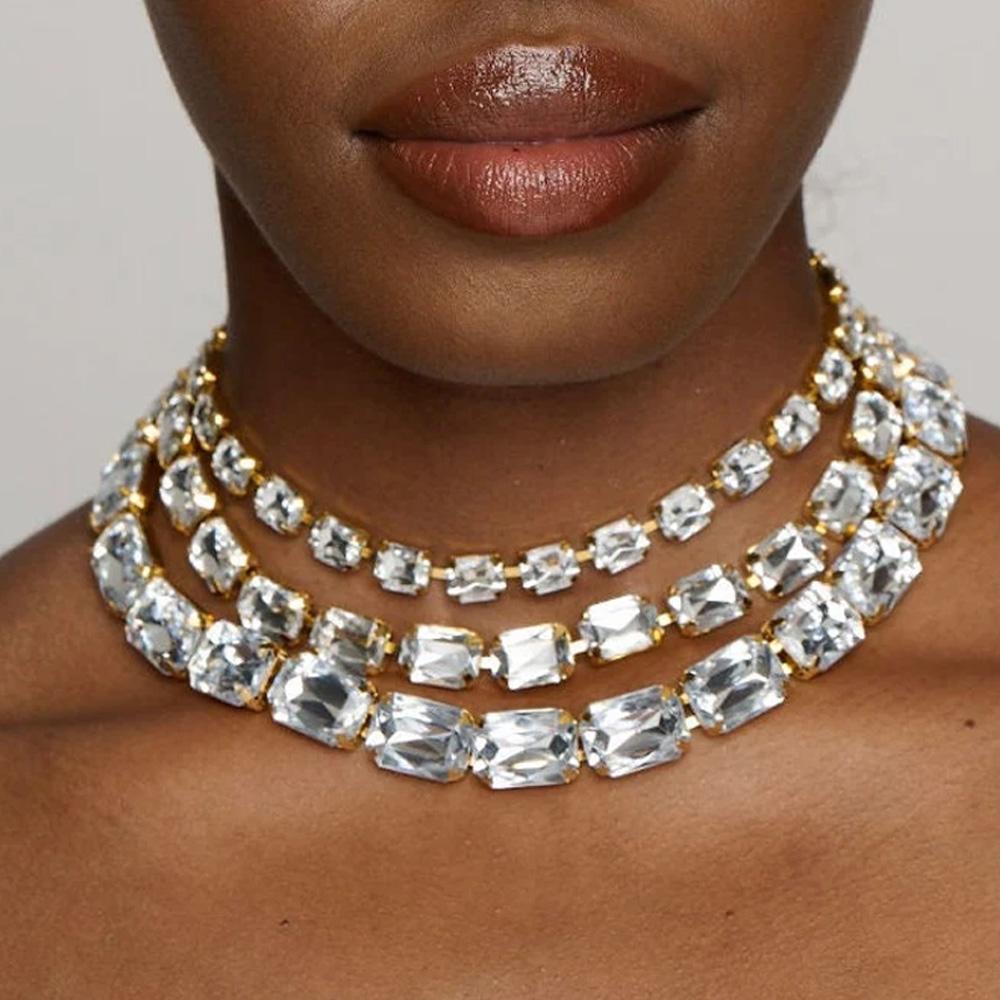Stonefans Exaggerated Multi Layer Big Crystal Choker Necklaces Jewelry for Party Shiny Square Rhinestone Chain Necklace
