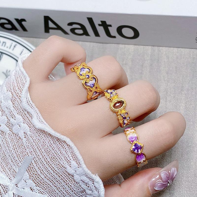 Medieval Vintage Retro Colored Enamel Open Ring Women'S Niche High-End Light Luxury Personality Ring