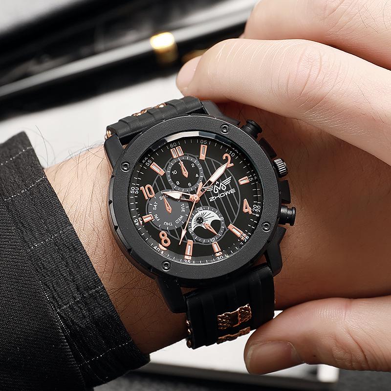 European & American Fashion Men s Quartz Watch with Silicone Strap - Casual, Trendy Design with Three-Eye Decoration. розового золота