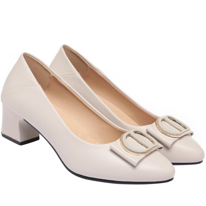 fashion 2024 Woman Elegant Square Toe Beige Shoes Heel Female Metal Accessories Shoes Comfortable Cute Shoes Simple Mid Heels Fashion