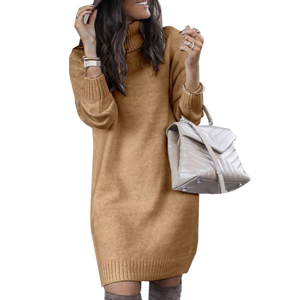Women Winter Loose Dress Knee-length Dress Women Long Sleeve Autumn Turtleneck Warm Knitted Sweater Knee-length Dress