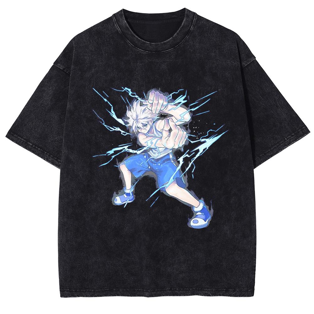 Hunterhunter Anime Tshirt Killua Zoldyck Vintage Washed Oversized T Shirt Short Sleeve Cotton Tee Tops Men Women Clothing