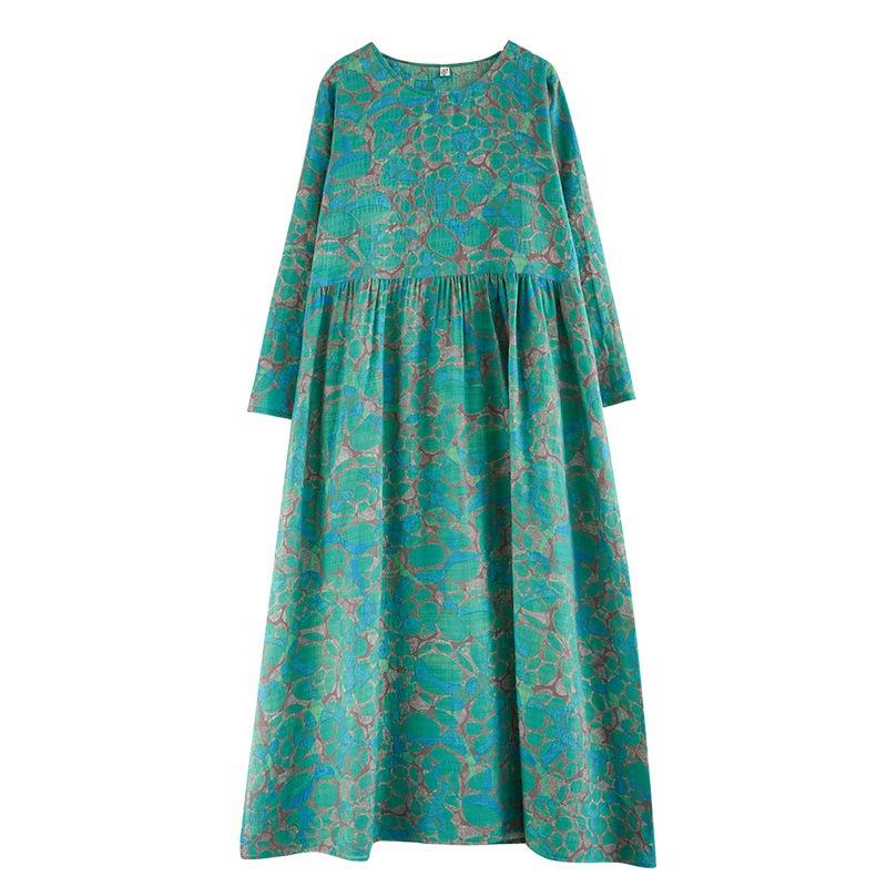 Spring Autumn Floral Print Round Neck Retro Loose Long Dress Long Sleeve Cotton Linen Dress Women's Clothing