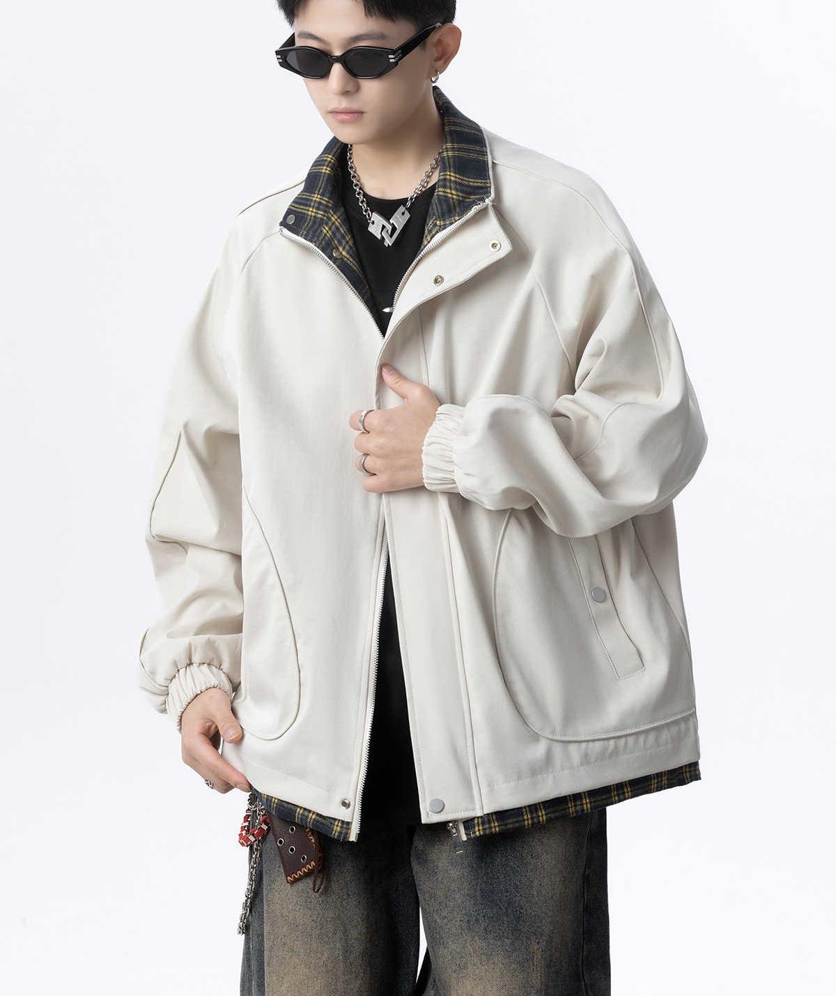 

American tooling fake two-piece coat boys autumn trendy brand high-end sense ruffian handsome plaid splicing sports jacket jacket M