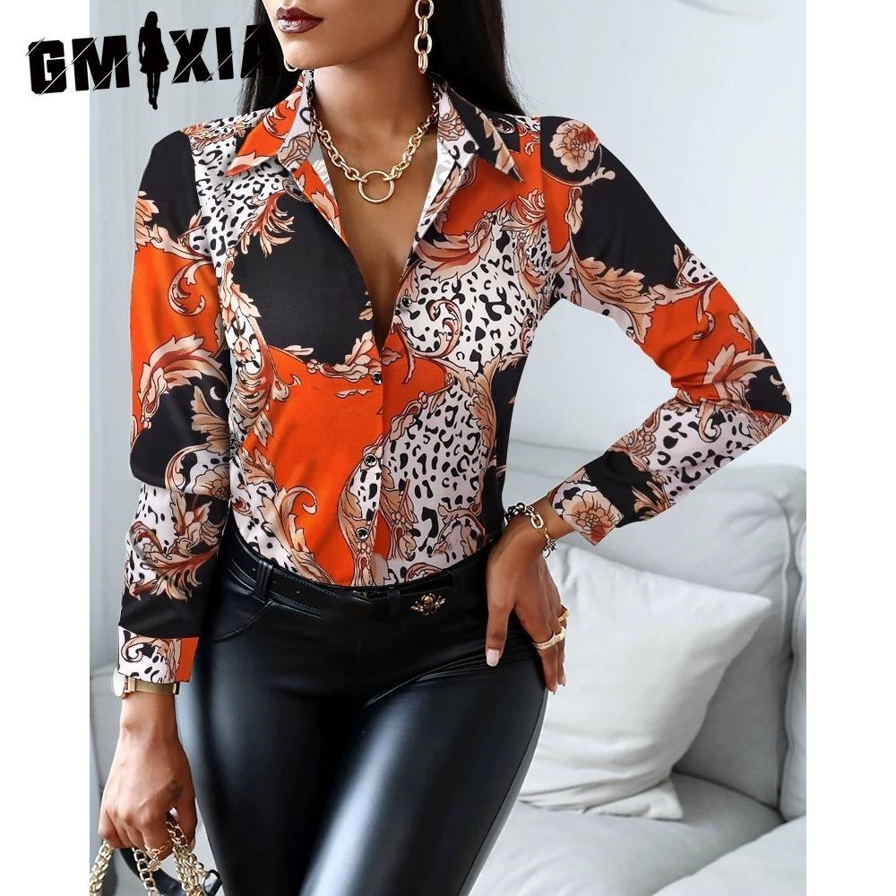 GMXIA Women's Fashion Casual Solid Color Print Long Sleeve POLO Neck Blouses & Shirts