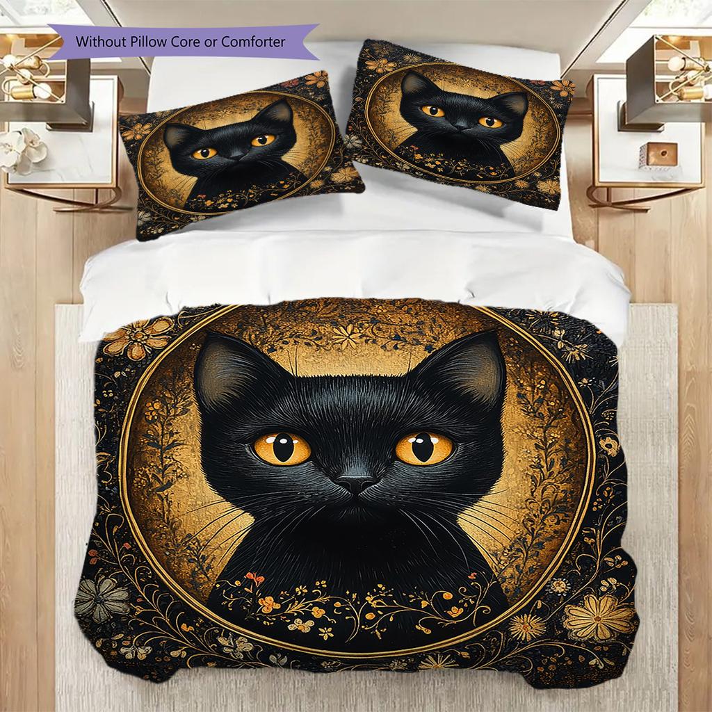 Black Cat Pattern Bedding Quilt Set Quilt Cover Pillowcase Home Decoration Birthday Gift (1 * Duvet Cover + 2 * Pillowcase, Without Core)