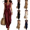 Damen ärmelloser V-Ausschnitt Jumpsuit Weiter Bein Einteiler Outfit mit Taillenband Knoten Lässig Sommer Leinenmischung Romper