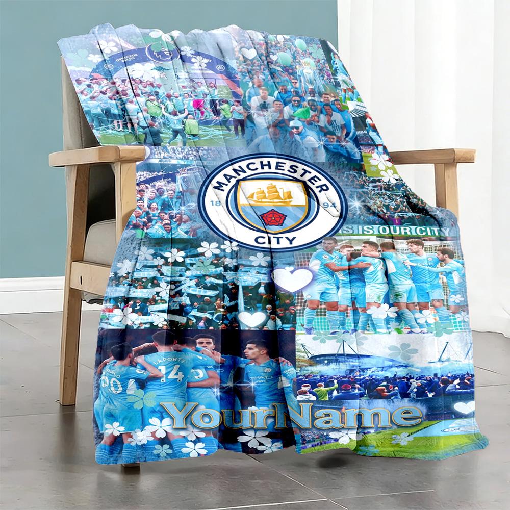 Manchester City Customize Text Blanket Gift Customizable Blanket Comfortable Suitable for Chair Bed Sofa Home Decor Ideal for All Seasons