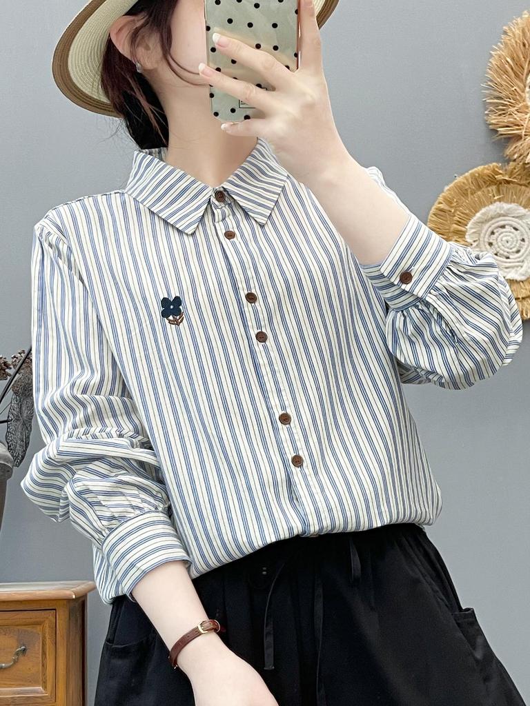 Women's Japanese Style Vertical Stripe Long Sleeve Shirt with Chic Floral Embroidery - High Quality Cotton Base Layer
