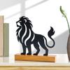 Metal Lion Statue with Wood Base Centerpieces Table Top Sign Hollow Out Iron Art Animal Sculpture Desktop Ornament Gift