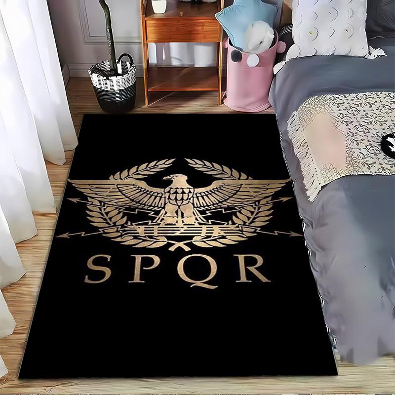 Roman SPQR Eagle Emblem Carpet with Laurel Wreath Design Black Background Suitable for Use As an Anti-slip for Living Room Bedroom Sofas
