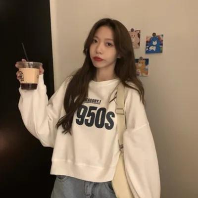 Ladies Loose Letter Printed Short Hoodie Autumn O-neck Long Sleeve Casual Sweatshirt
