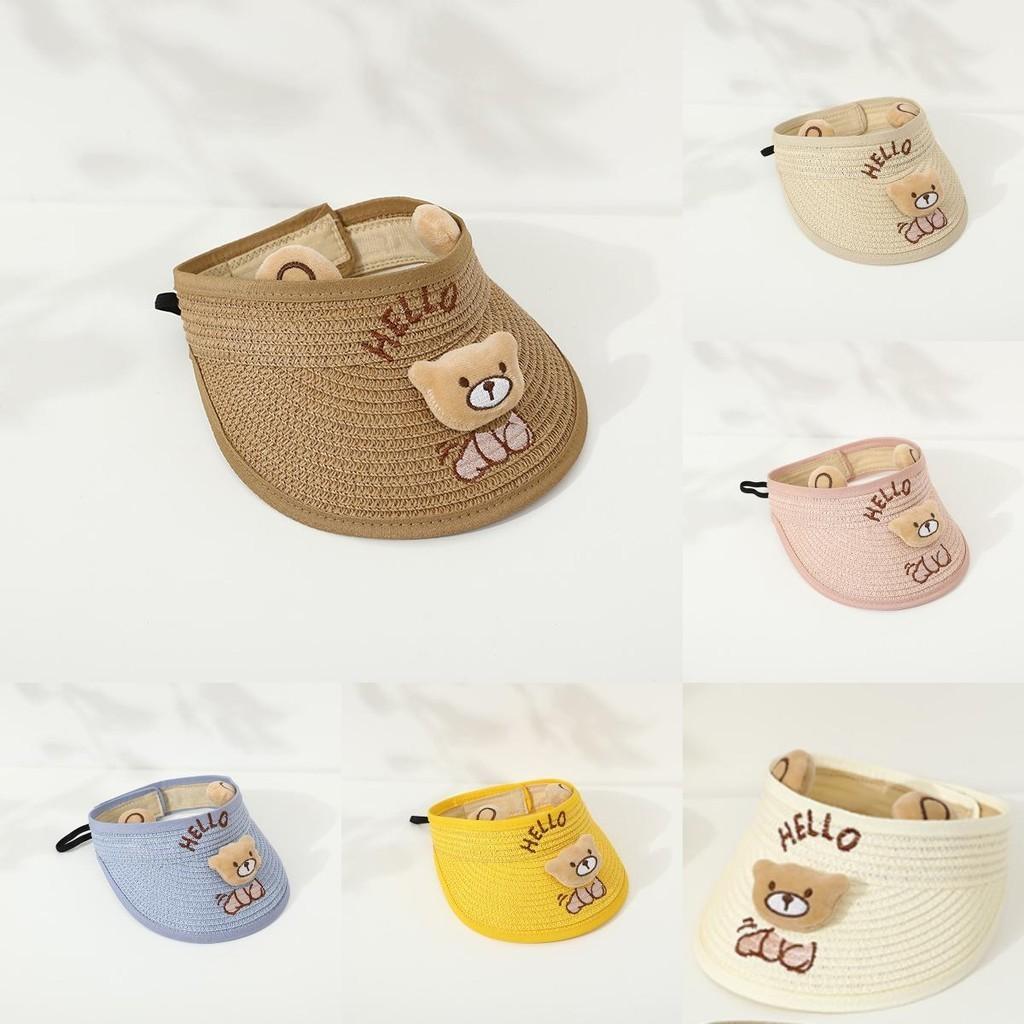 Children's Summer Straw Hat With Wide Brim Cute Bear Ears Breathable Sunshade Cap
