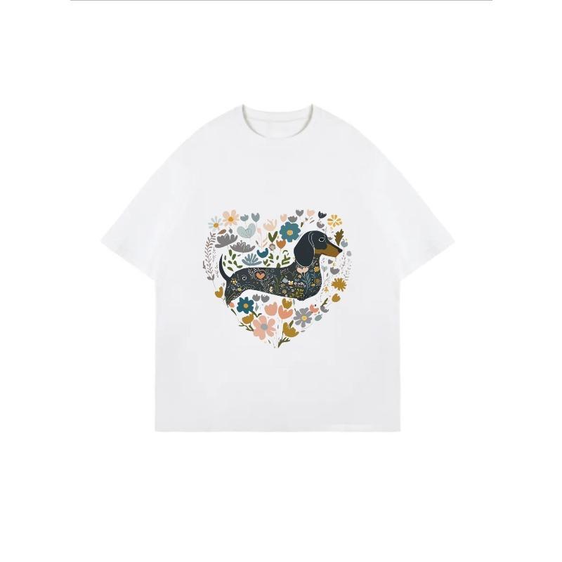 Women Casual Oversized T Shirt White Dachshund Floral Heart Print For Everyday Wear And Leisure Activities