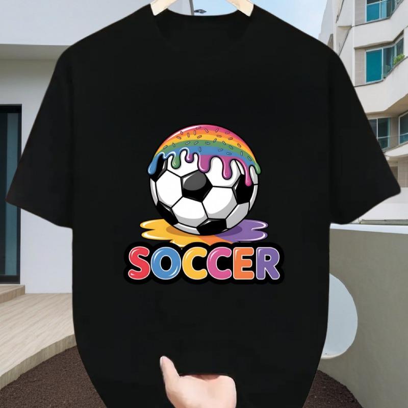 European Size Creative SOCCER Men'S Short-Sleeve T-Shirt, Featuring an Eye-Catching Rainbow Splatter Football Print That Scores Full Points