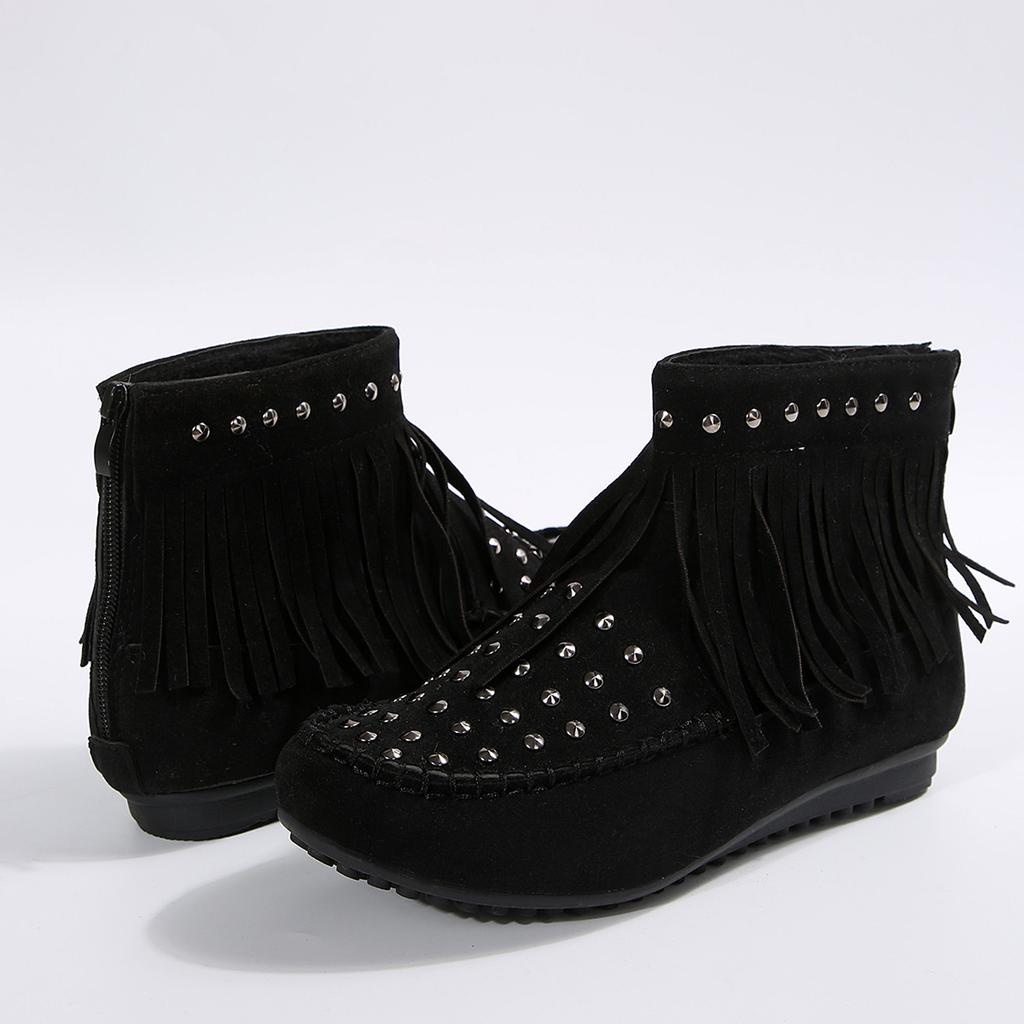 Foreign Trade Women's Boots Short Boots Autumn and Winter New Rivets European and American Large Size 2025 Flat Bottom Fringed Boots