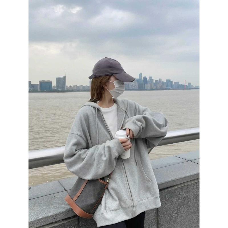 Lazy wind premium gray sweater jacket women's spring and autumn casual sports hooded zipper top cardigan versatile