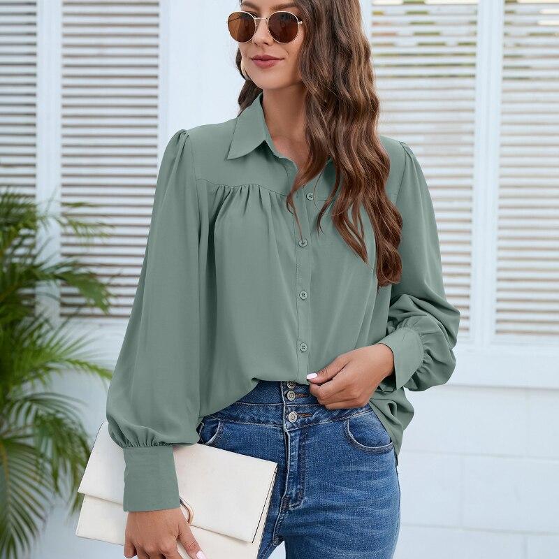Lantern Sleeve Chiffon Shirt Women Casual Loose White Blouse Ladies Pleated Solid Tops Fashion Womens Clothing 2026 Blusa 24751 S зелёный