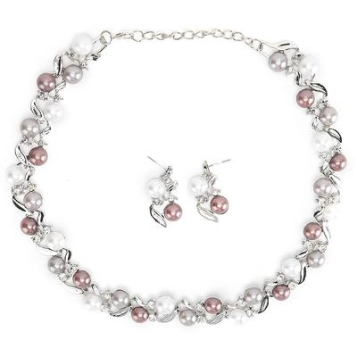 Women Faux Pearl Necklace Earrings Set Bridal Jewelry Set with Rhinestone (Silvery White)