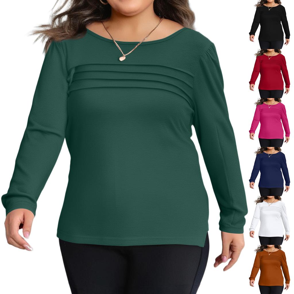 Women's Solid Color Round Neck Pleated Long Sleeved Plus Size Top