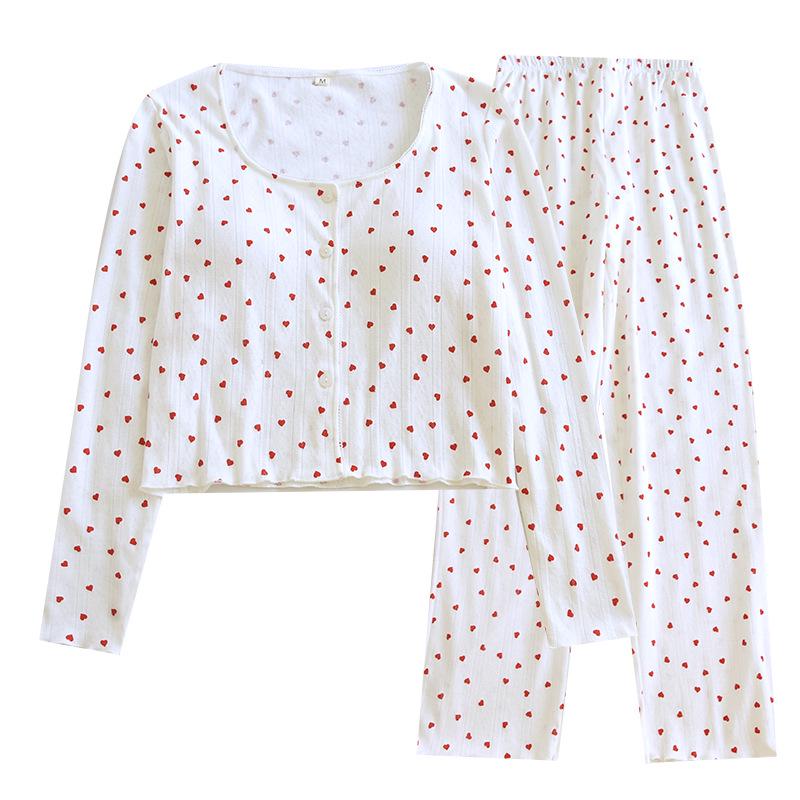 Women's Cotton Knit Pajama Set with Bra Pads - Sweet Long Sleeve Cardigan and Pants for Autumn/Spring Homewear