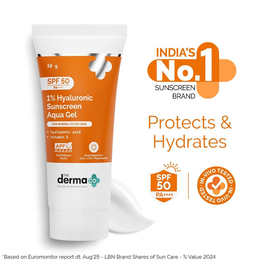 The Derma Co 1% Hyaluronic Sunscreen Aqua Gel SPF 50 PA++++ | Hydrating, Lightweight & Non-Greasy | No White Cast | Broad Spectrum & Blue Light