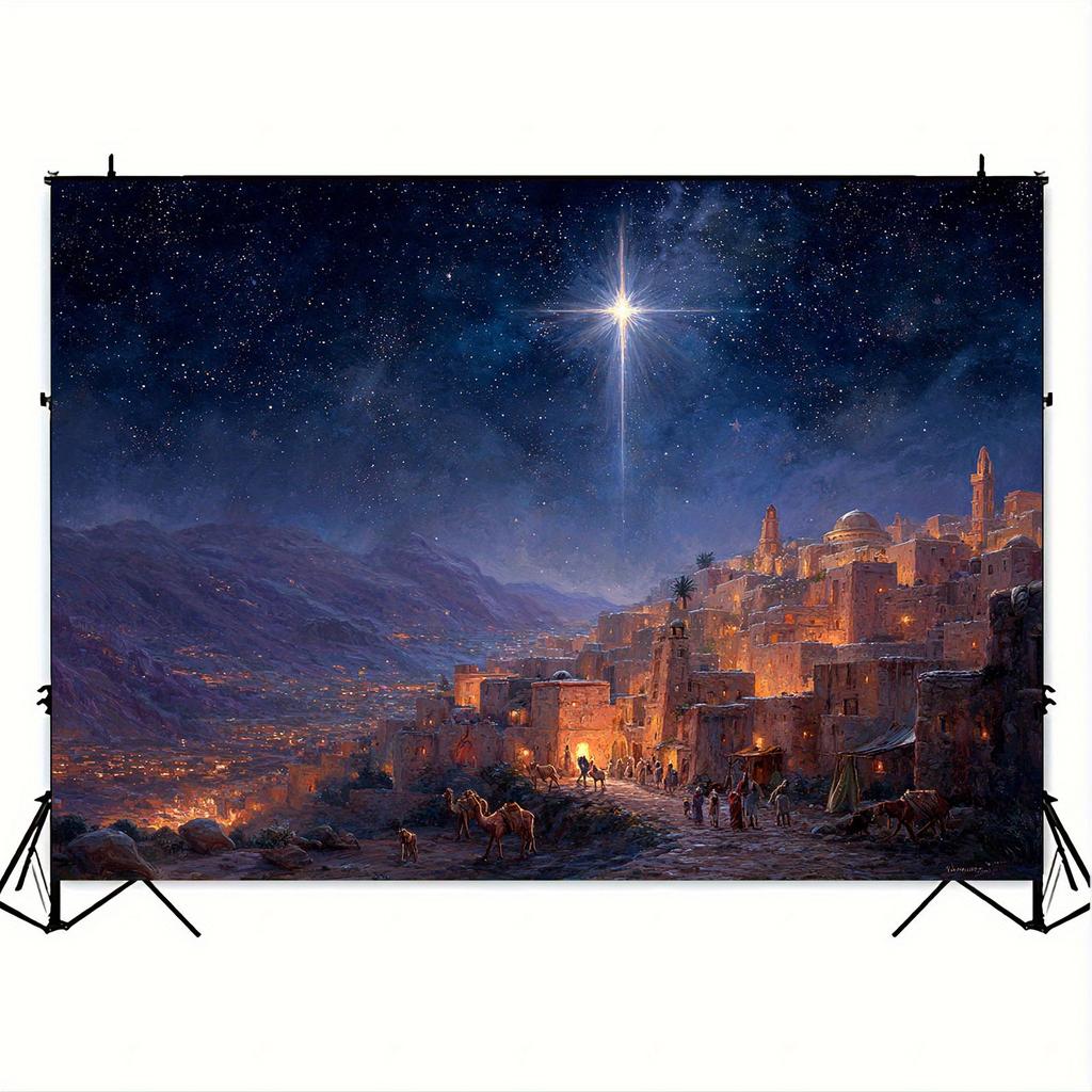 2D plane, 1pc background of the birth of Bethlehem - starry Holy City scene and camels, Middle Eastern architecture - Ch