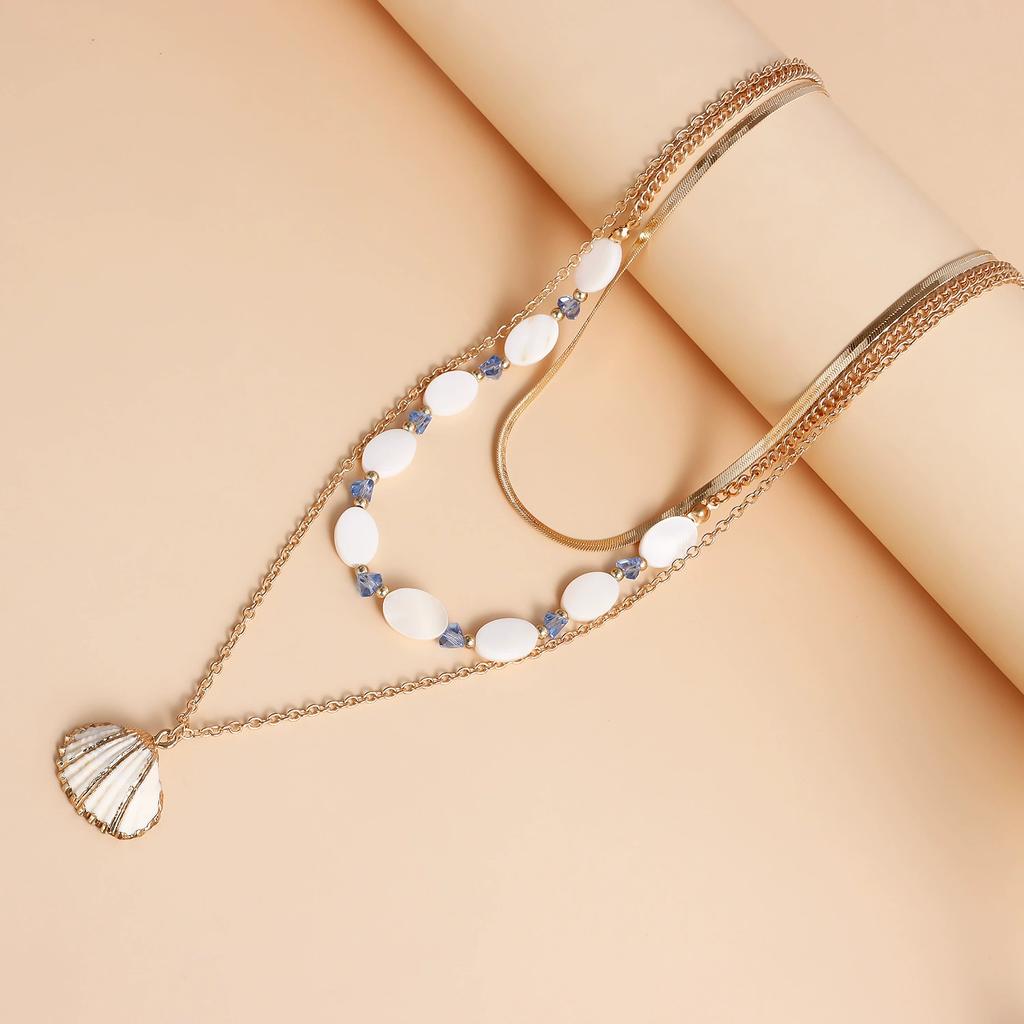 Ocean Wind Shell Multi-layer Stacked Necklace, Retro Vacation Oval Fritillary Beaded Necklace