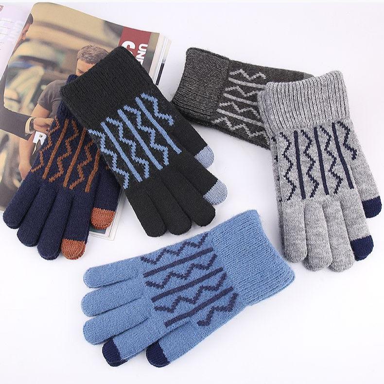 Thick Velvet Gloves for Warmth Men's Gloves for Winter Jacquard Knitting Gloves Touch Screen Cold Resistant Gloves