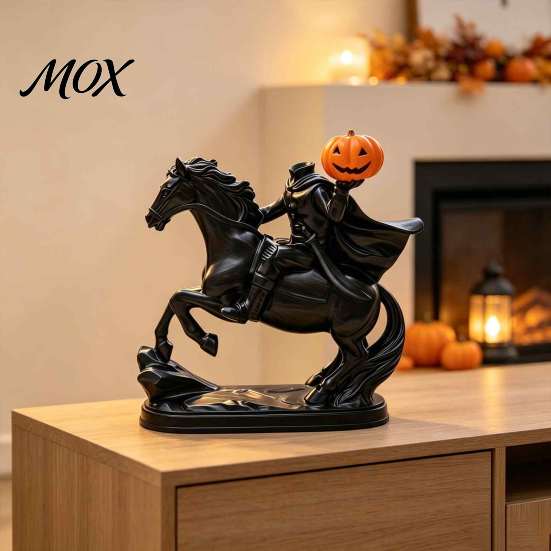 Horseman Riding Horse Statue Halloween Headless Statue, Gothic Knight Black with Window Display Props Pumpkin Lantern, Spooky Resin Festive Decor for