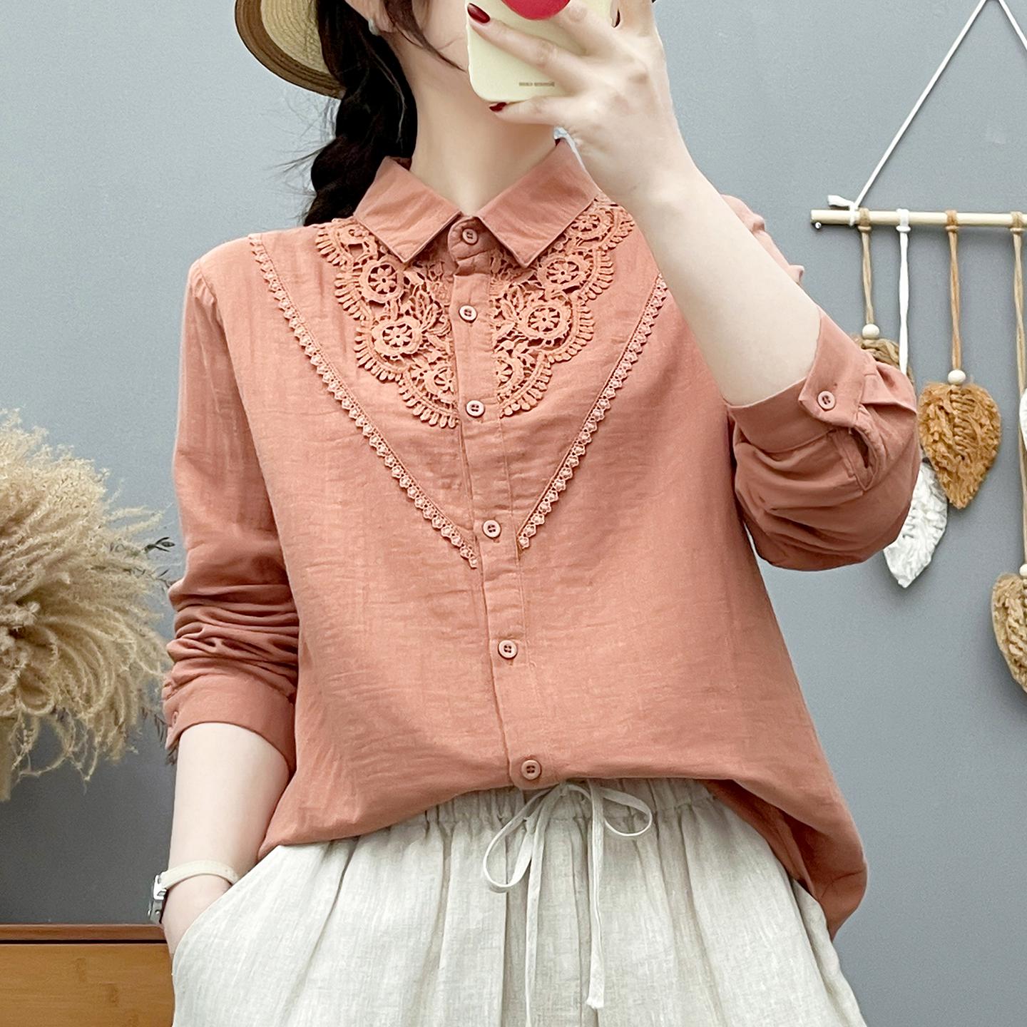 Women s Chic French Lace Spliced Long-Sleeve Cotton Gauze Shirt L (125-145 Jin)