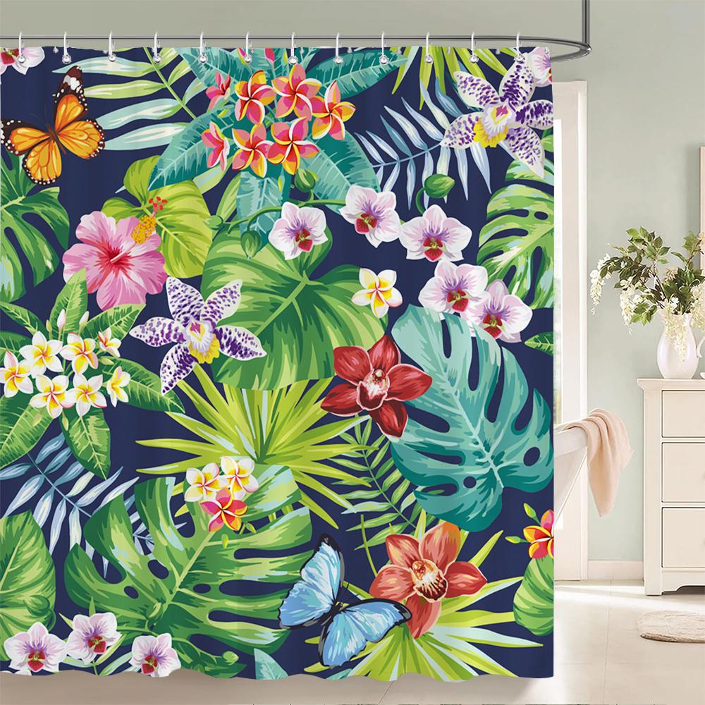 1 Pack of Watercolor Flower Plant Pattern Polyester Shower Curtain Bathroom Partition Curtain with Hooks Home Decorative Curtain